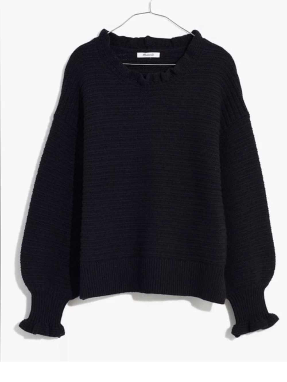 Madewell Ruffle Neck Pullover Sweater Cotton-Merino Yarn Black